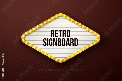 Vector Retro Signboard or Lightbox Illustration with Customizable Design on Dark Background. Light Banner or Vintage Bright Light Bulb Frame Billboard for Advertising, Show, Night Events, Cinema or
