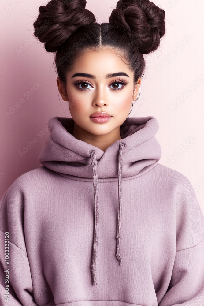 A woman with long hair and a pink hoodie. She is wearing makeup and has her hair in pigtails A woman with long hair and a pink hoodie. She is wearing makeup and has her hair in pigtails