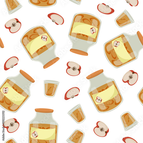 Colorful seamless pattern with homemade canned fruits. Glass jar with apple compote. Sweet mors. Seasonal harvest concept.