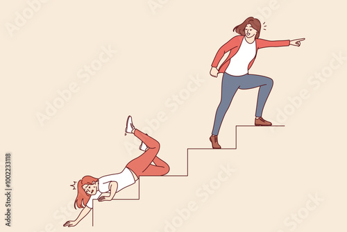 Women climb career ladder and achieve success or fall down, tormented from failure. Career ladder becomes insurmountable obstacle for weak person suffering from laziness or lack of motivation