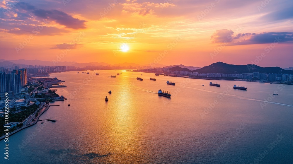 A beautiful sunset view from the coastal city of Incheon, with ships sailing in the distance. A beautiful sunset view from the coastal city of Incheon, with ships sailing in the distance.