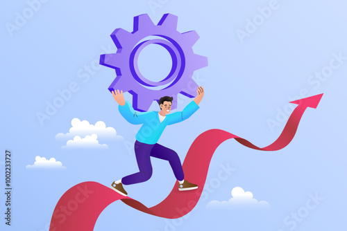 Business process and growth concept. A man runs up a rising arrow, carrying a large gear. Vector illustration symbolizing development, career progress, and implementing a successful strategy.
