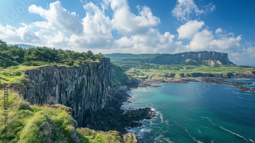 A breathtaking view of the cliffs at Oedolgae Rock in Jeju, famous for its scenic beauty and hiking trails. photo