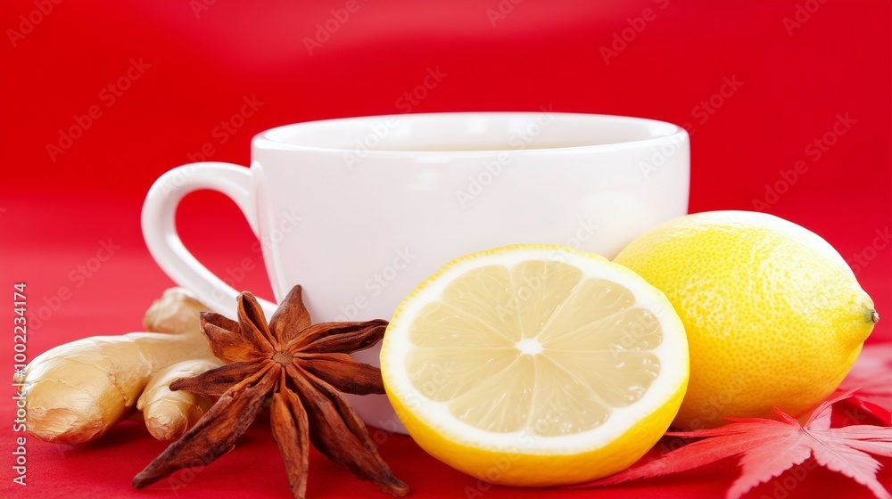Cozy autumn background with cup of Ginger Lemon Tea with space for text Cozy autumn background with cup of Ginger Lemon Tea with space for text