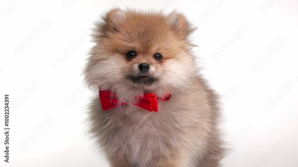 project video of beautiful Pomeranian spitz puppy wearing elegant red bowtie looking at camera and sitting in front of white background project video of beautiful Pomeranian spitz puppy wearing elegant red bowtie looking at camera and sitting in front of white background