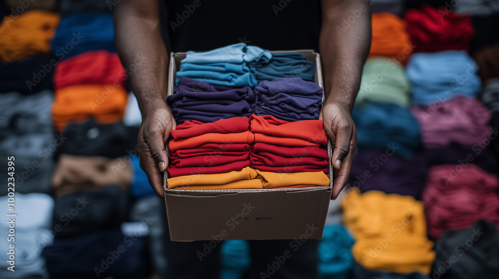 Obraz premium A donation box overflowing with colorful clothes, including reds, blues, and yellows, held by a volunteerâs hands, set against a backdrop of a charity event.