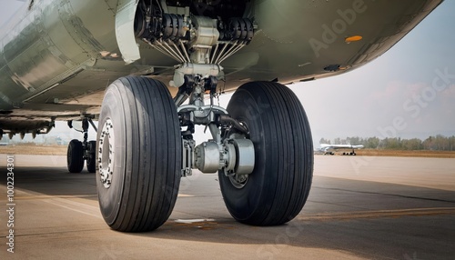 Details of the landing gear of a military cargo plane. 