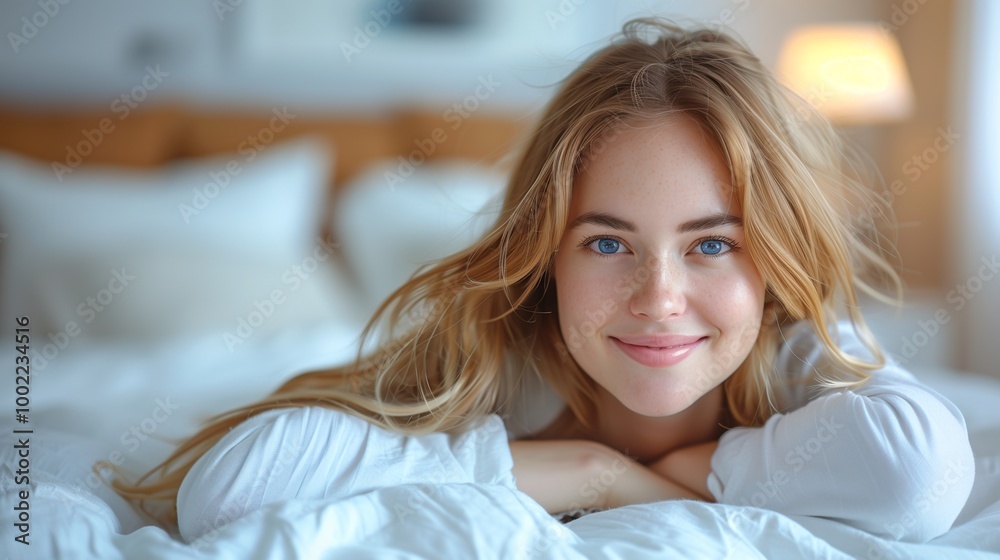 Smiling young woman lying on a bed in a cozy bedroom Smiling young woman lying on a bed in a cozy bedroom