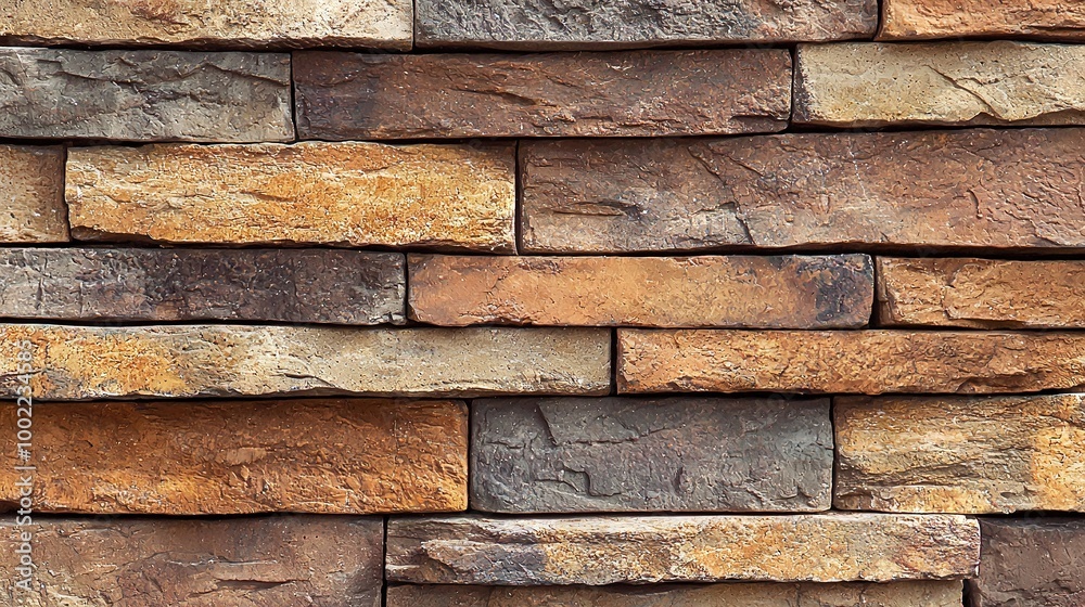 A close-up photo of multicolored brown and yellow bricks forming a wall, with a black cat perched on one of them A close-up photo of multicolored brown and yellow bricks forming a wall, with a black cat perched on one of them