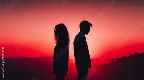 In front of a soft sunset glow, the silhouette of a couple turns away from each other, their separation reflected in the fading light, representing the tension and disconnection of