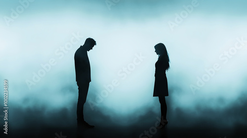 A coupleâs silhouettes, standing apart on a misty, moody background, gazing in opposite directions, symbolizing the emotional clash and impending separation in their relationship. photo