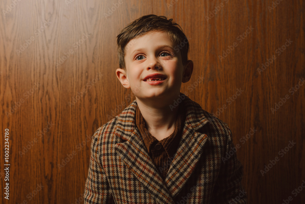 Happy boy standing in front of wooden wall Happy boy standing in front of wooden wall