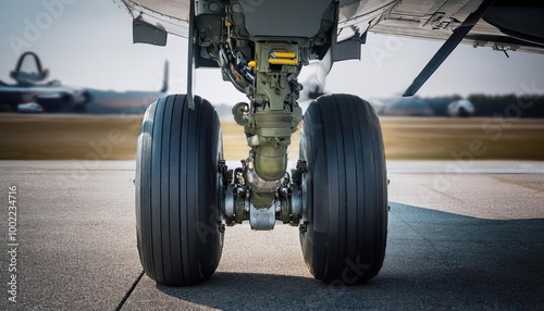 Details of the landing gear of a military cargo plane. 