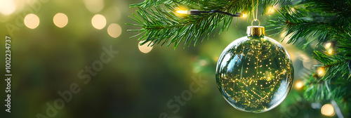 transparent christmas ball with shiny lights hanging on green christmas tree branch on blurred empty background, greeting card concept with copy space for holiday season in december
