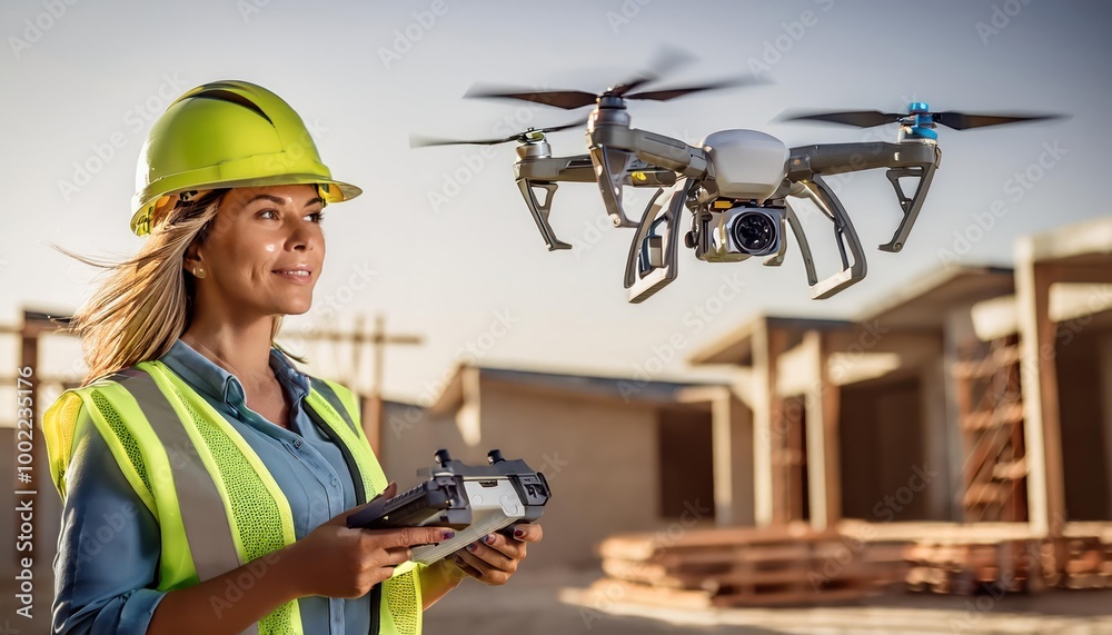 Drone operated by construction worker on building site Drone operated by construction worker on building site