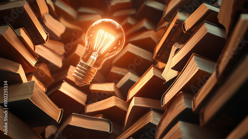 A bright light bulb hovers above an intricate ring of closed books, their spines facing outward, with the warm glow illuminating the surrounding pages and signifying creative thoug photo