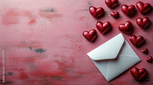 Romantic red hearts and an envelope on a pink wooden background for love letters