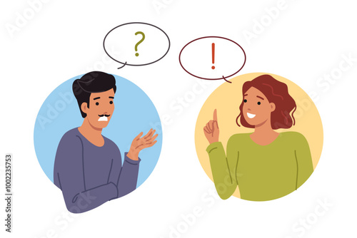 Conversation man and woman discussing important question together to find correct answer and solve problem. Girl with smile advises guy during conversation, wanting to help friend cope with failures