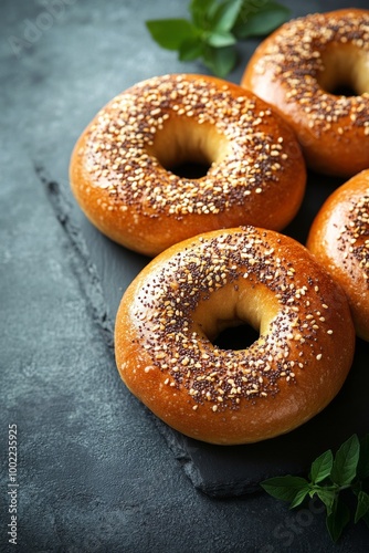 Freshly baked bagels with assorted toppings and herbs on a rustic background