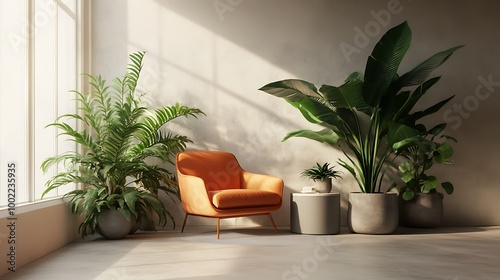 A cozy corner featuring a burnt orange lounge chair and light gray side table, set beside large indoor plants.