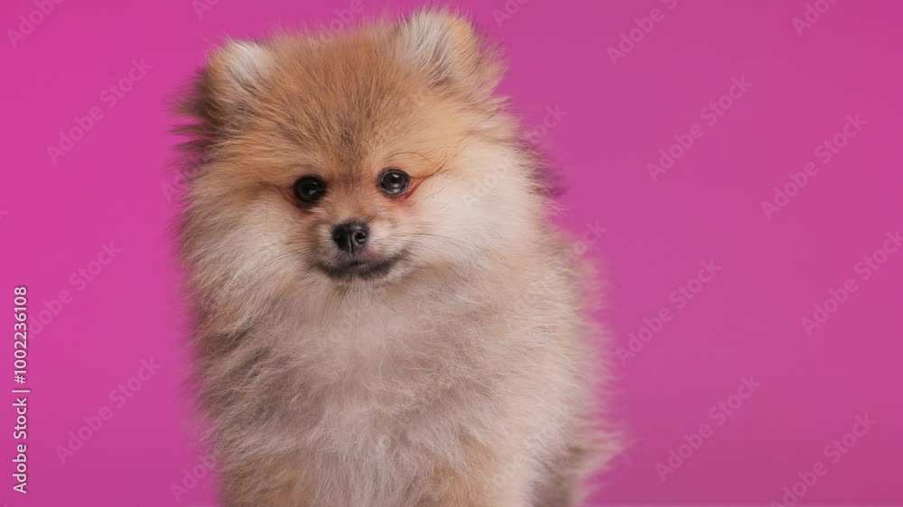 project video of cute little Pomeranian spitz doggy looking forward and to side while standing in front of pink background project video of cute little Pomeranian spitz doggy looking forward and to side while standing in front of pink background