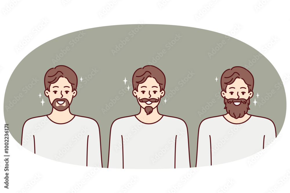 Men with different style mustaches and beards for advertising hipster barbershop or beauty salon. Hipster boys smiling showing off youthful haircut and trendy beard made in barbershop Men with different style mustaches and beards for advertising hipster barbershop or beauty salon. Hipster boys smiling showing off youthful haircut and trendy beard made in barbershop