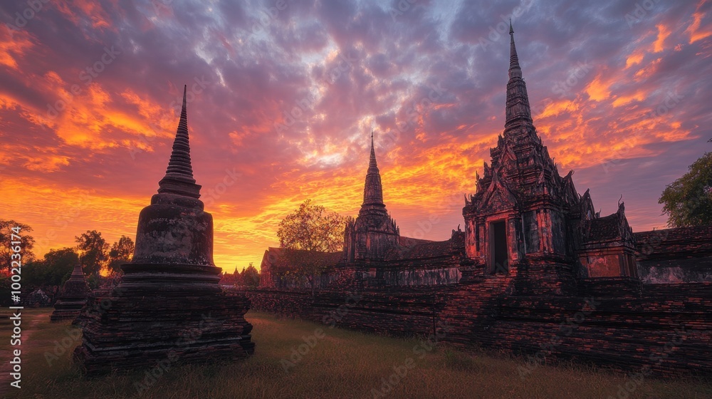 Fototapeta premium A colorful sunset view over the temple spires at Wat Phra That Nong Bua, with the sky ablaze in orange and pink hues.