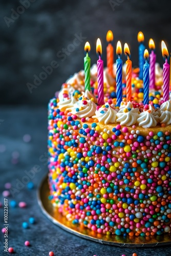 Colorful birthday cake with lit candles and sweets placed on a dark table, ce...