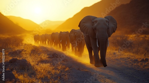 Elephants walking through a desert landscape during sunset