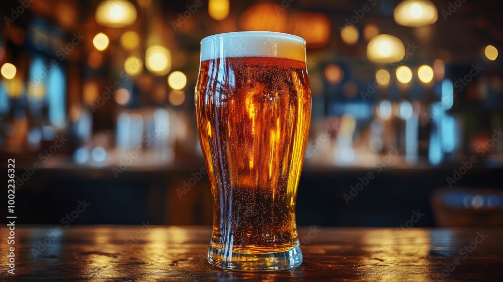 A frosty glass of beer resting on a rustic wooden table in a cozy pub setting A frosty glass of beer resting on a rustic wooden table in a cozy pub setting