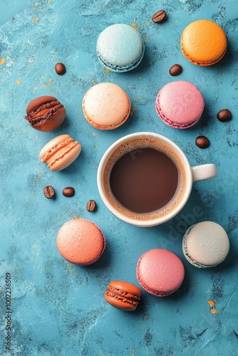 Coffee and colorful macarons on a textured blue background