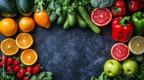 Colorful assortment of fresh fruits arranged together on a wooden surface in ...