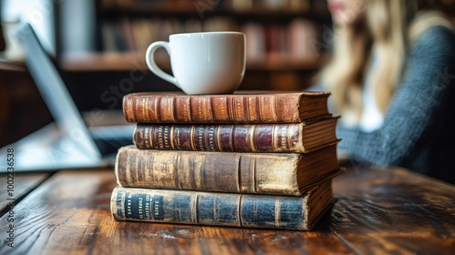 Stack of antique books with a coffee cup on top in a cozy reading nook