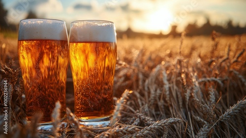 Beer glasses resting in a golden wheat field under a bright blue sky during s...