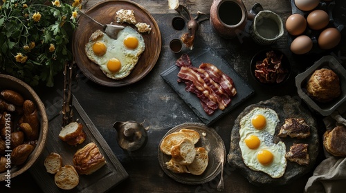 Traditional breakfast spread on a stone surface, featuring eggs, bacon, and pastries, creating a rustic ambiance.