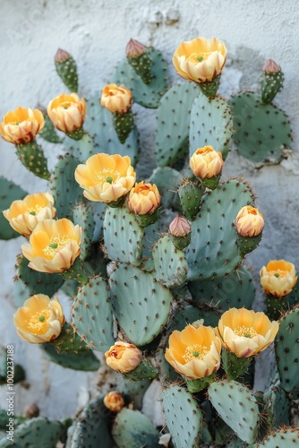 Bright yellow cactus flowers bloom against a textured gray background