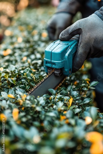 Gardener using electric hedge trimmer to shape dense green shrubs in a sunny ...