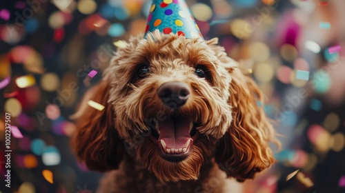 Happy dog celebrating with confetti and a party hat during a joyful birthday ...