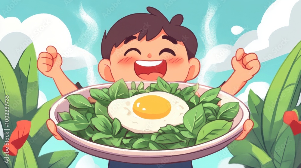 A joyful cartoon of a character excitedly holding a large plate of stir-fried basil and fried egg, steam rising from the food. A joyful cartoon of a character excitedly holding a large plate of stir-fried basil and fried egg, steam rising from the food.