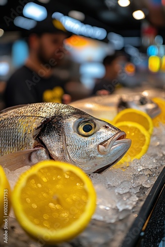 Freshly displayed seafood with vibrant fruits at a market during the day