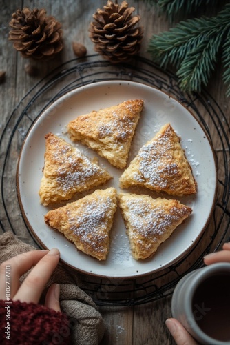Freshly baked scones dusted with powdered sugar on a rustic wooden table