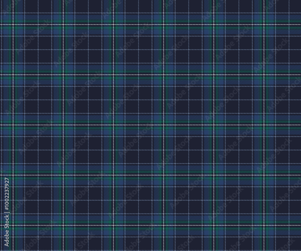 Plaid fabric pattern, navy blue, blue, green, white, elegant seamless pattern for textiles, and for designing clothes, skirts, pants or decorative fabrics. Vector illustration.