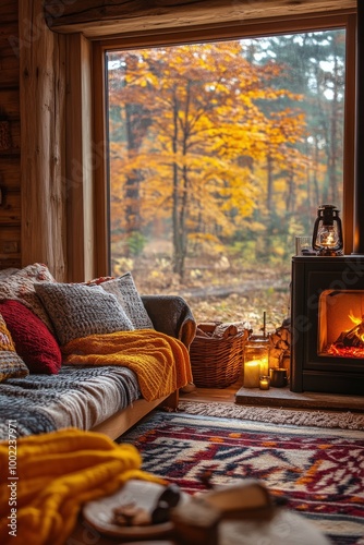 Cozy autumn living room with a fireplace and colorful views of fall foliage