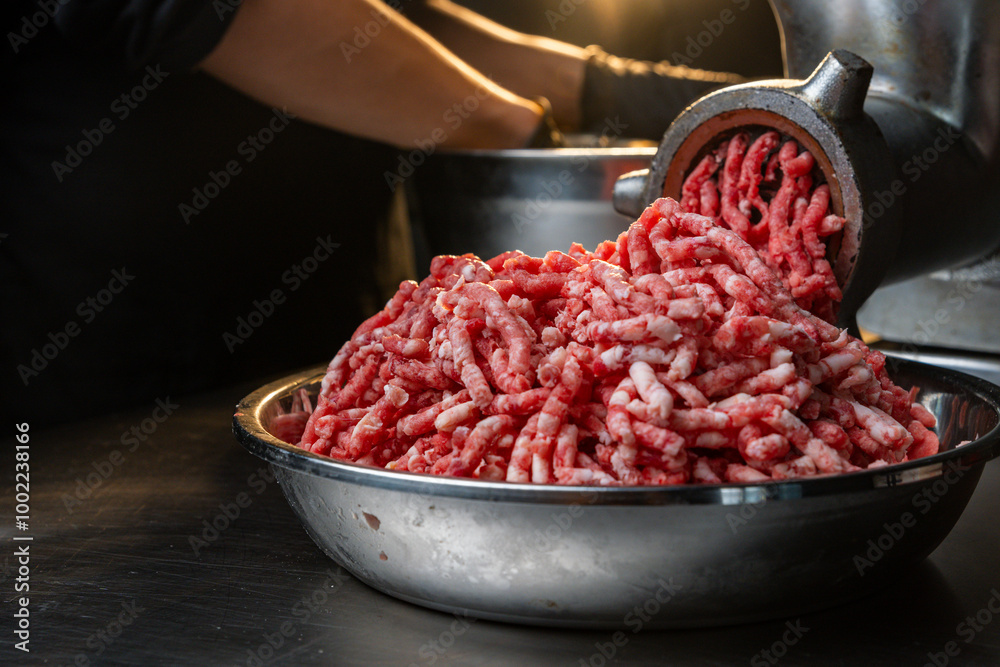 Process of fresh meat grinding in the kitchen with modern electric grinder, top down Process of fresh meat grinding in the kitchen with modern electric grinder, top down