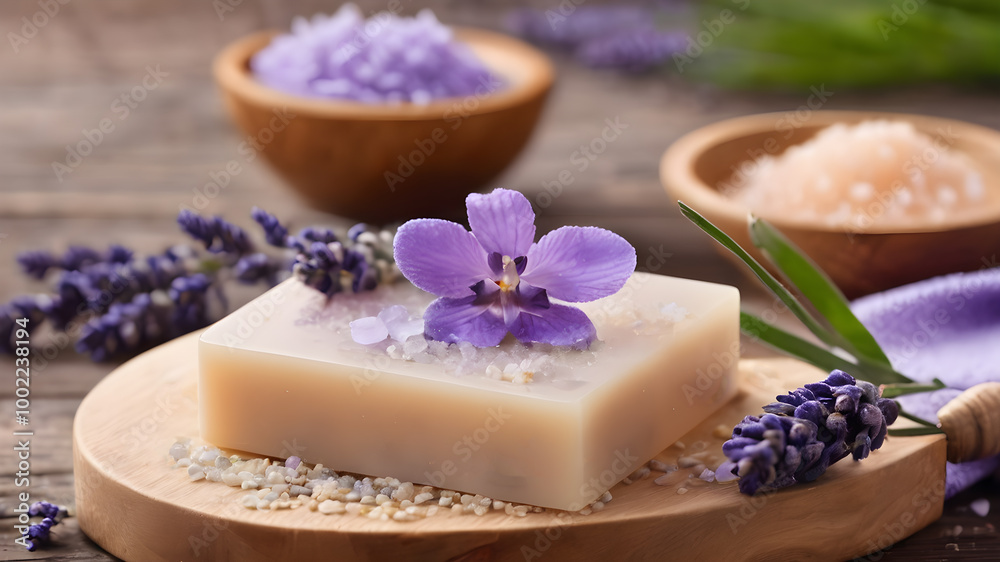 Natural soap and lavender for bath and spa. Hygiene concept. AI generated image, ai. Natural soap and lavender for bath and spa. Hygiene concept. AI generated image, ai.