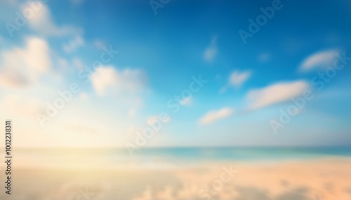 Blurry beach scene with blue sky