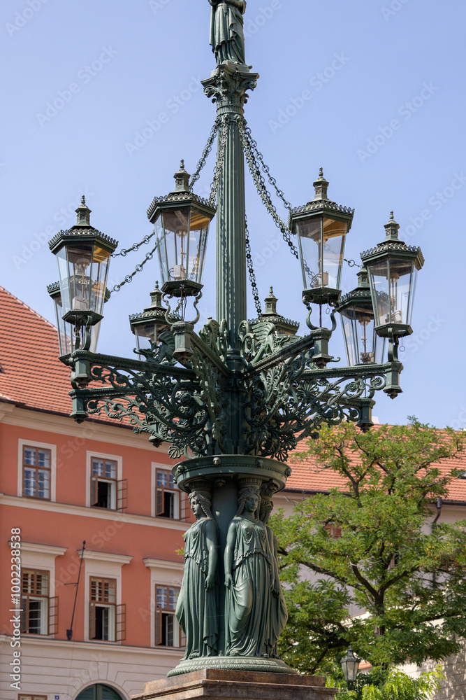 Decorative green street lamp (kandelabr), located on Hradcany Square (Hradcanske namesti), Prague, Czech Republic