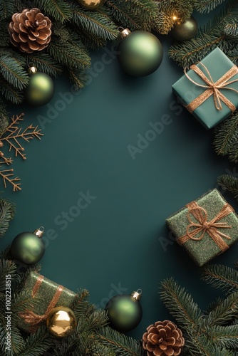 Festive holiday arrangement with wrapped gifts, pinecones, and ornaments on a...
