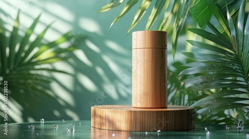 Natural skincare product displayed on a bamboo stand surrounded by lush green...