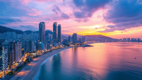 Wallpaper Mural A panoramic view of the beautiful coastal city of Busan, featuring skyscrapers and beaches along the coastline. Torontodigital.ca